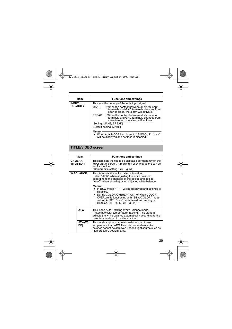 Title/video screen, Title/video scr, A pg. 39) | JVC TK-C1531EG User Manual | Page 39 / 70