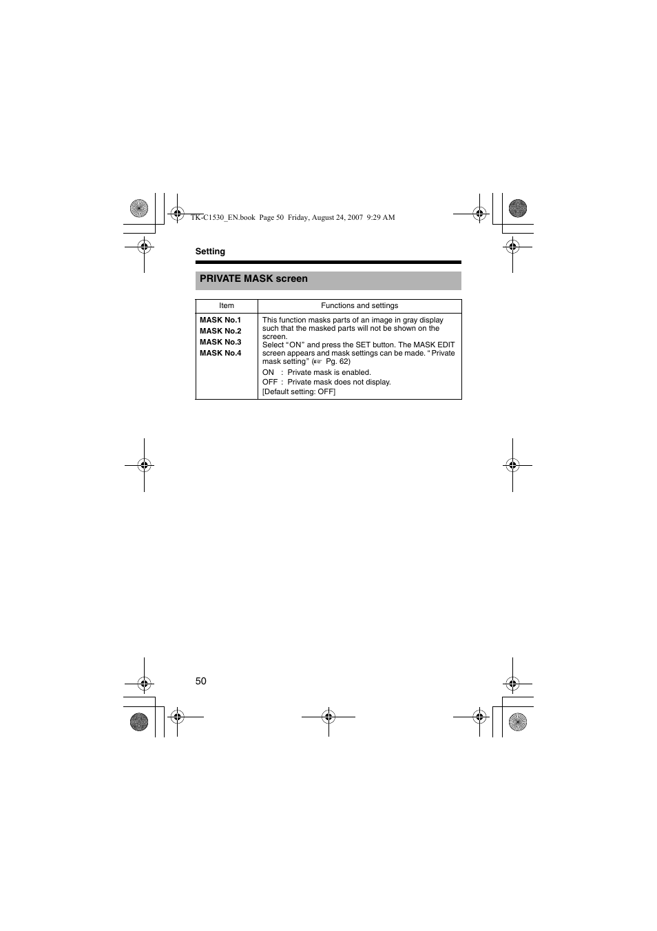 Private mask screen, Private mask | JVC TK-C1531EG User Manual | Page 50 / 70