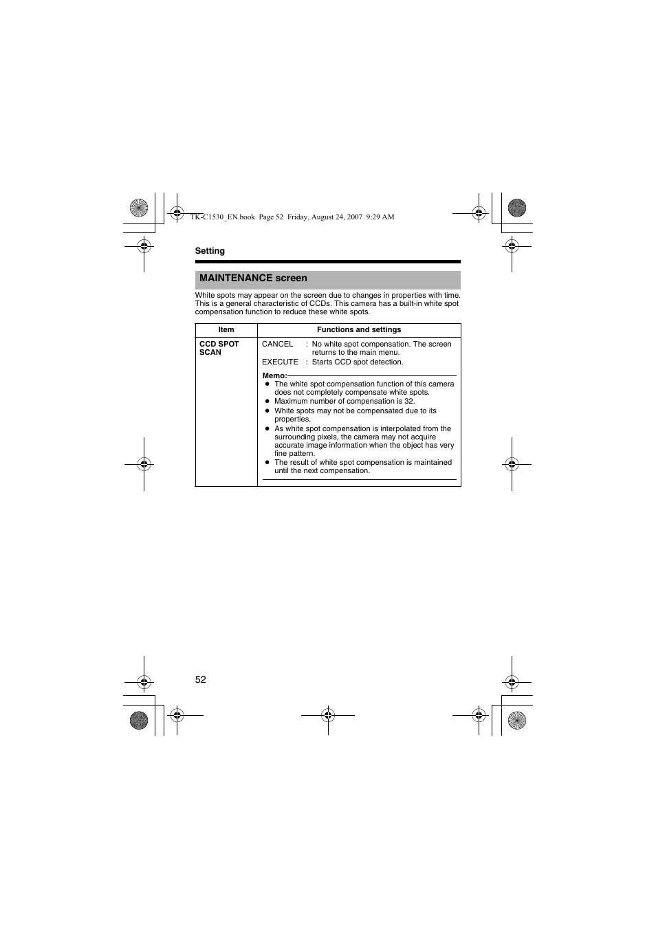 Maintenance screen, Maintenance s | JVC TK-C1531EG User Manual | Page 52 / 70