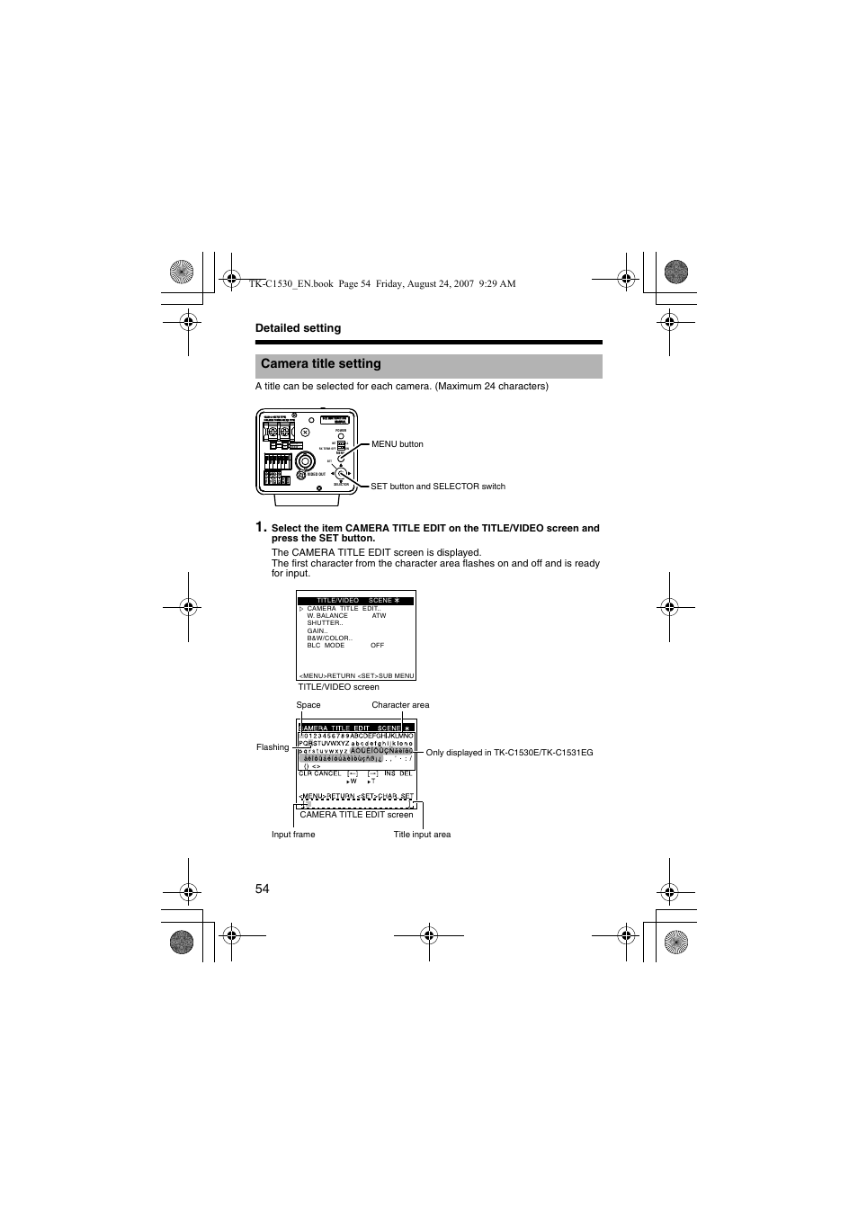 Detailed setting, Camera title setting, Acamera title settingb (a pg. 54) | JVC TK-C1531EG User Manual | Page 54 / 70