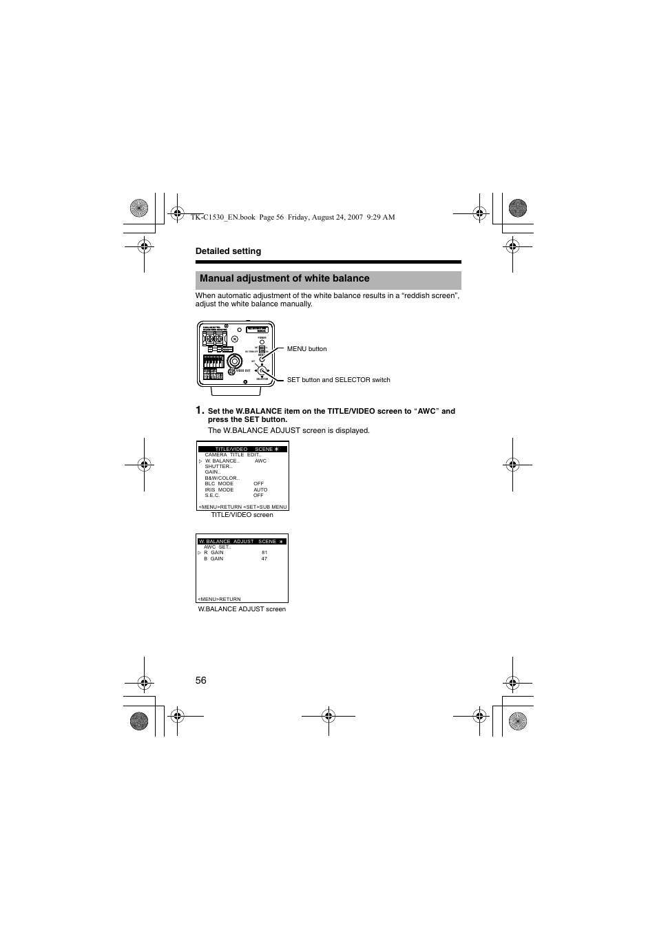 Manual adjustment of white balance, Detailed setting | JVC TK-C1531EG User Manual | Page 56 / 70