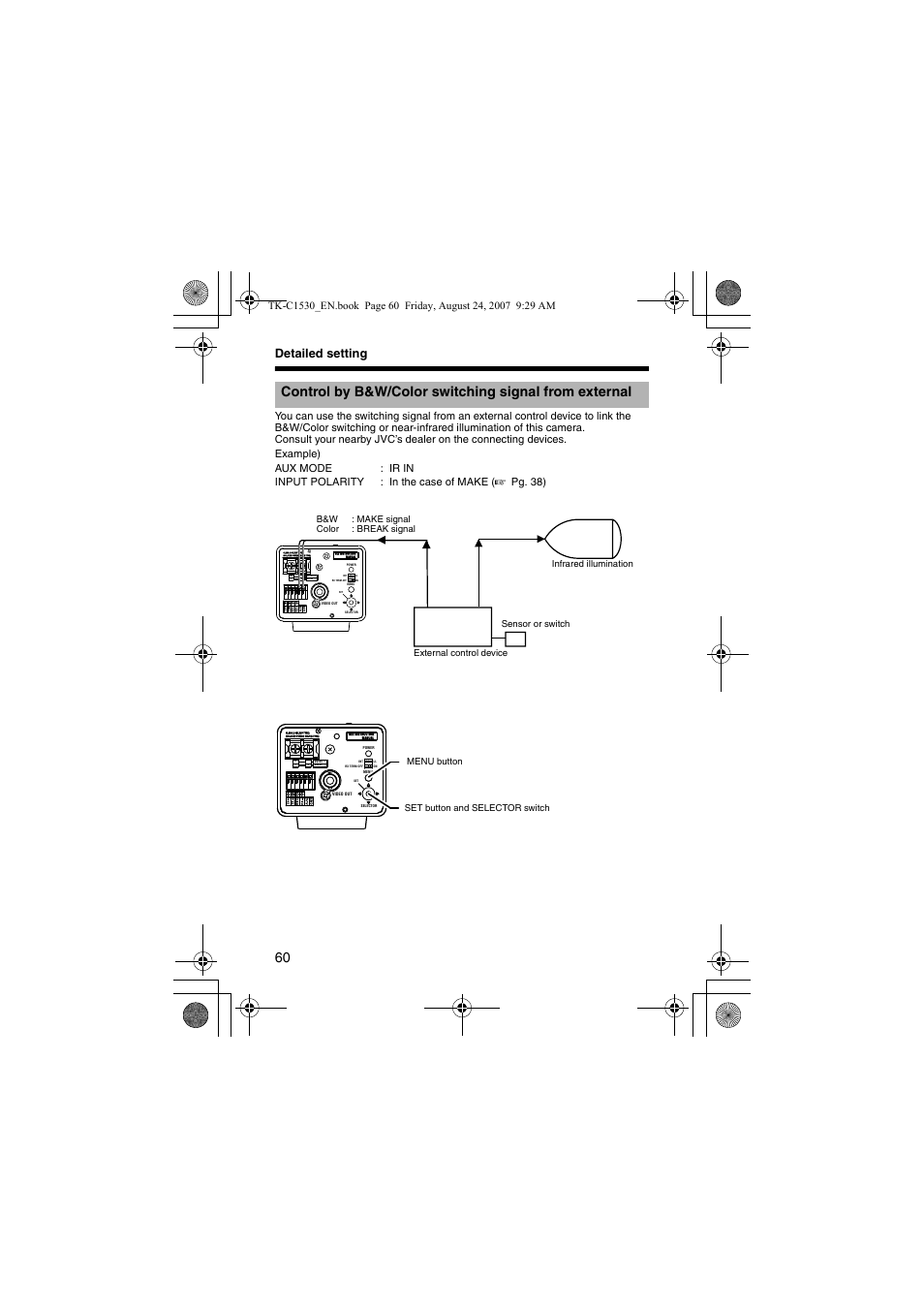 Detailed setting, Menu b utton set b utton and selector s witch | JVC TK-C1531EG User Manual | Page 60 / 70