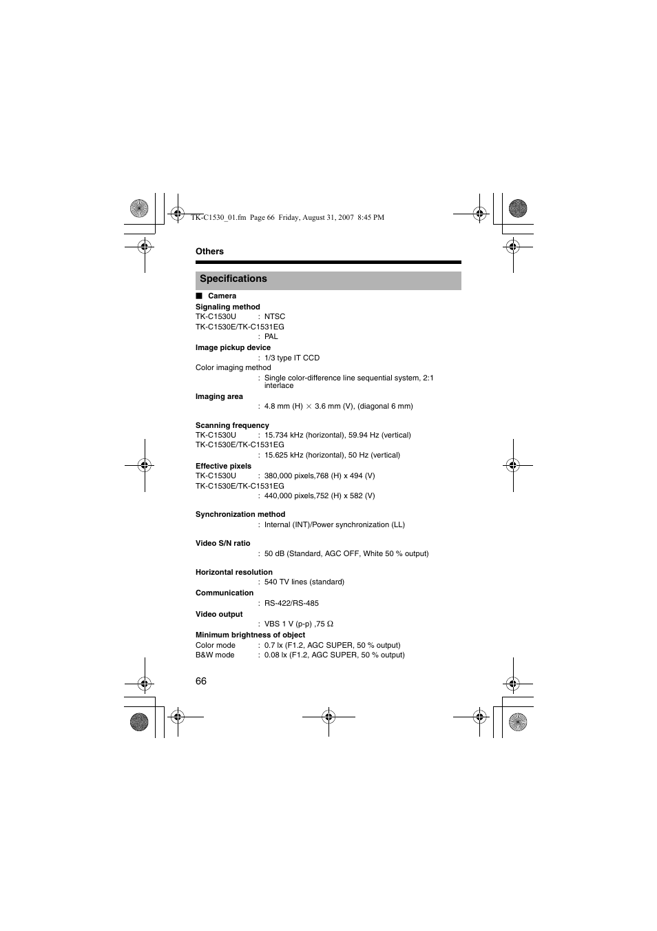 Others, Specifications | JVC TK-C1531EG User Manual | Page 66 / 70