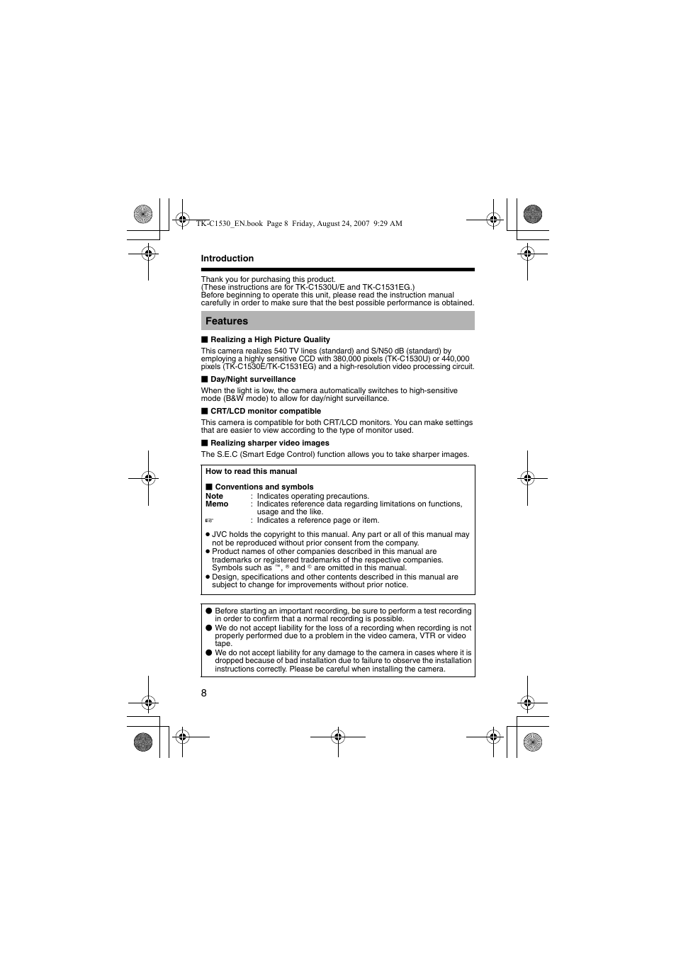 Features | JVC TK-C1531EG User Manual | Page 8 / 70