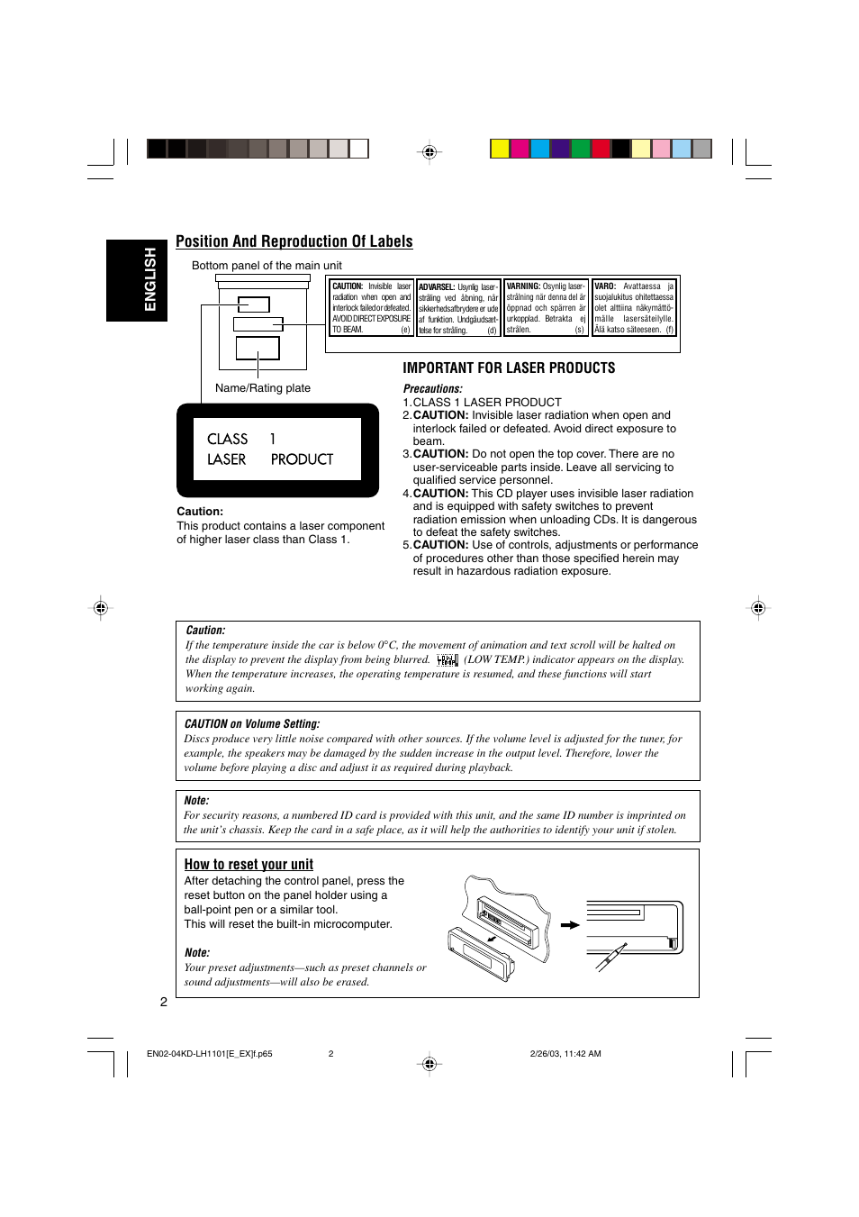 Position and reproduction of labels, English how to reset your unit, Important for laser products | JVC KD-LH1101 User Manual | Page 2 / 62