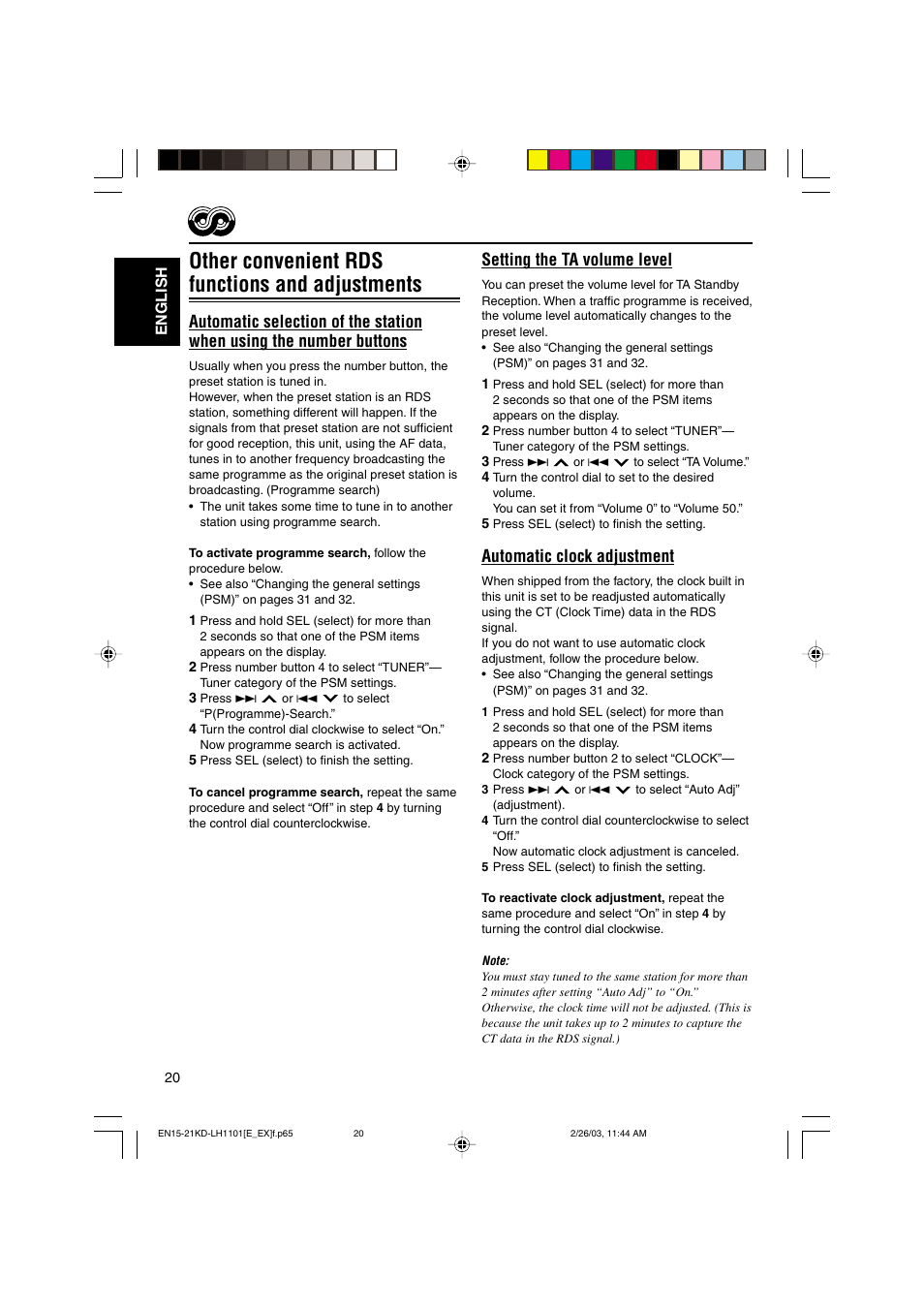 Other convenient rds functions and adjustments, Setting the ta volume level, Automatic clock adjustment | JVC KD-LH1101 User Manual | Page 20 / 62