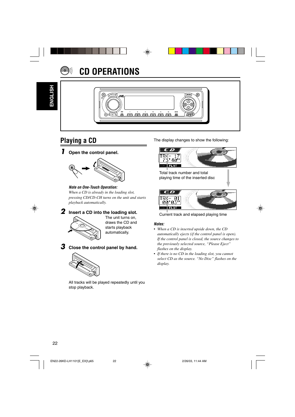 Cd operations, Playing a cd 1 | JVC KD-LH1101 User Manual | Page 22 / 62