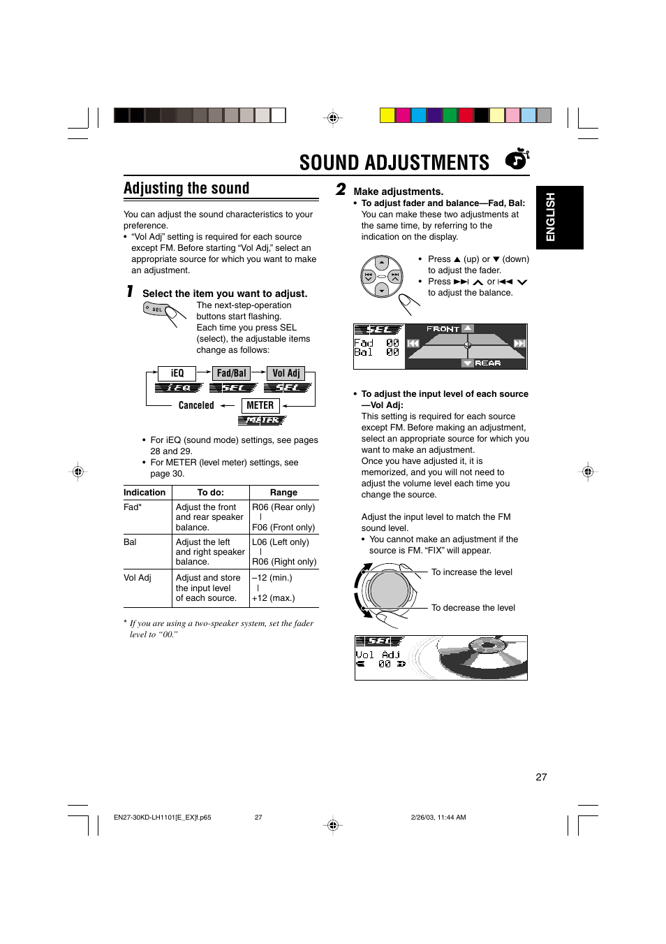 Sound adjustments, Adjusting the sound | JVC KD-LH1101 User Manual | Page 27 / 62