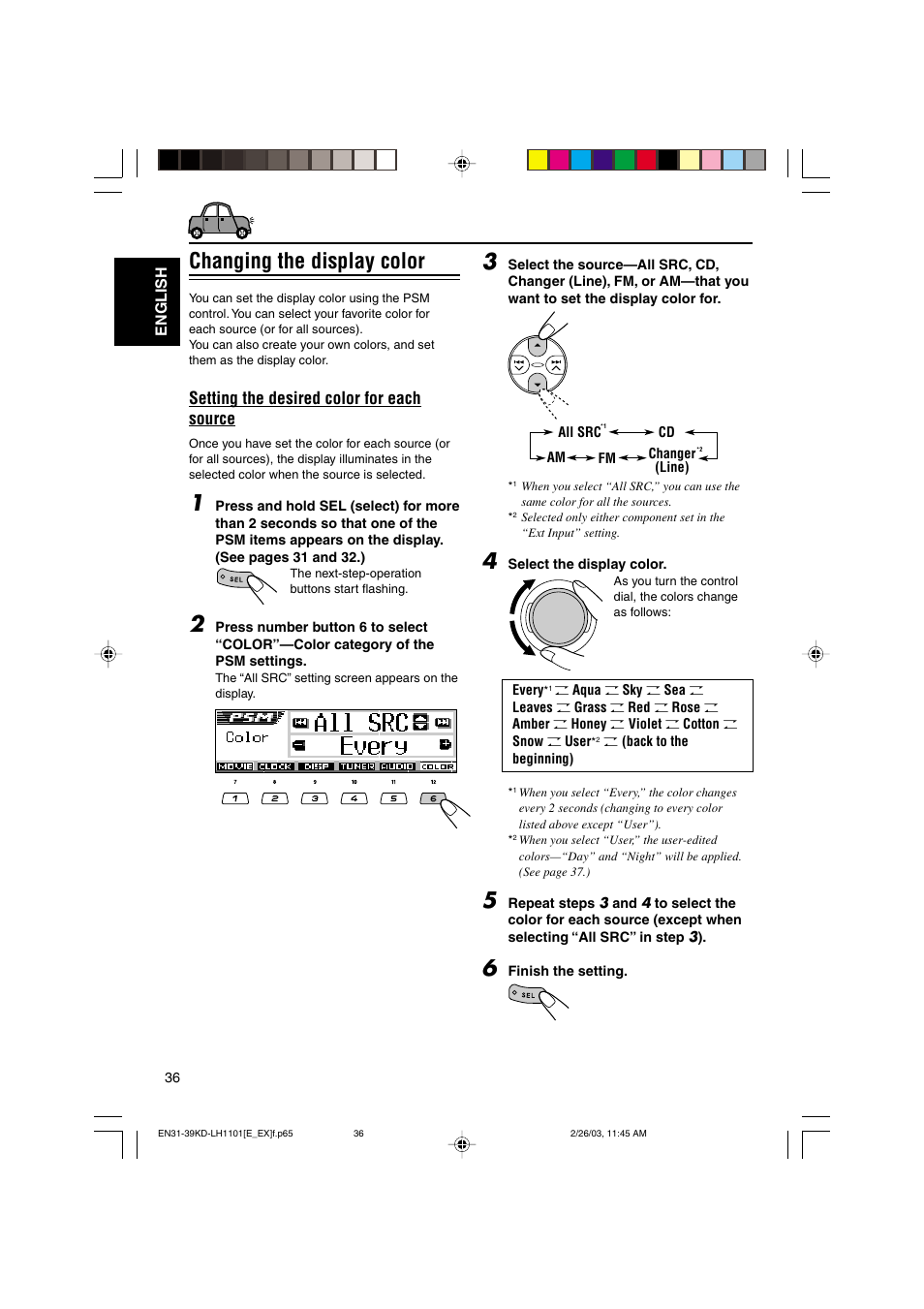 Changing the display color, Setting the desired color for each source | JVC KD-LH1101 User Manual | Page 36 / 62