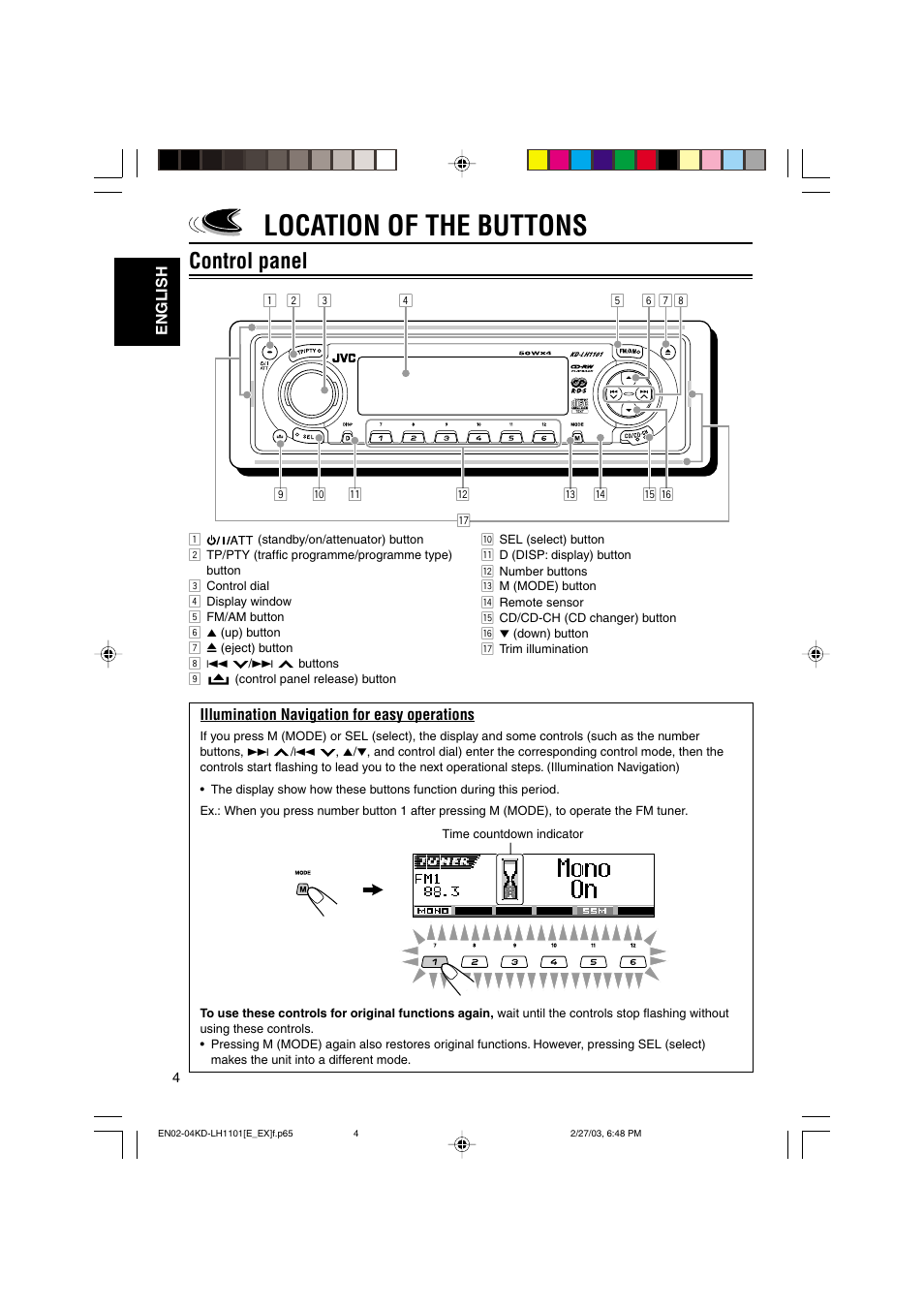 Location of the buttons, Control panel | JVC KD-LH1101 User Manual | Page 4 / 62