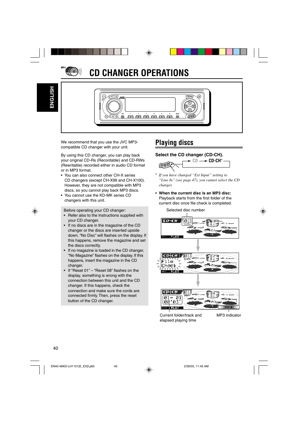 Cd changer operations, Playing discs | JVC KD-LH1101 User Manual | Page 40 / 62