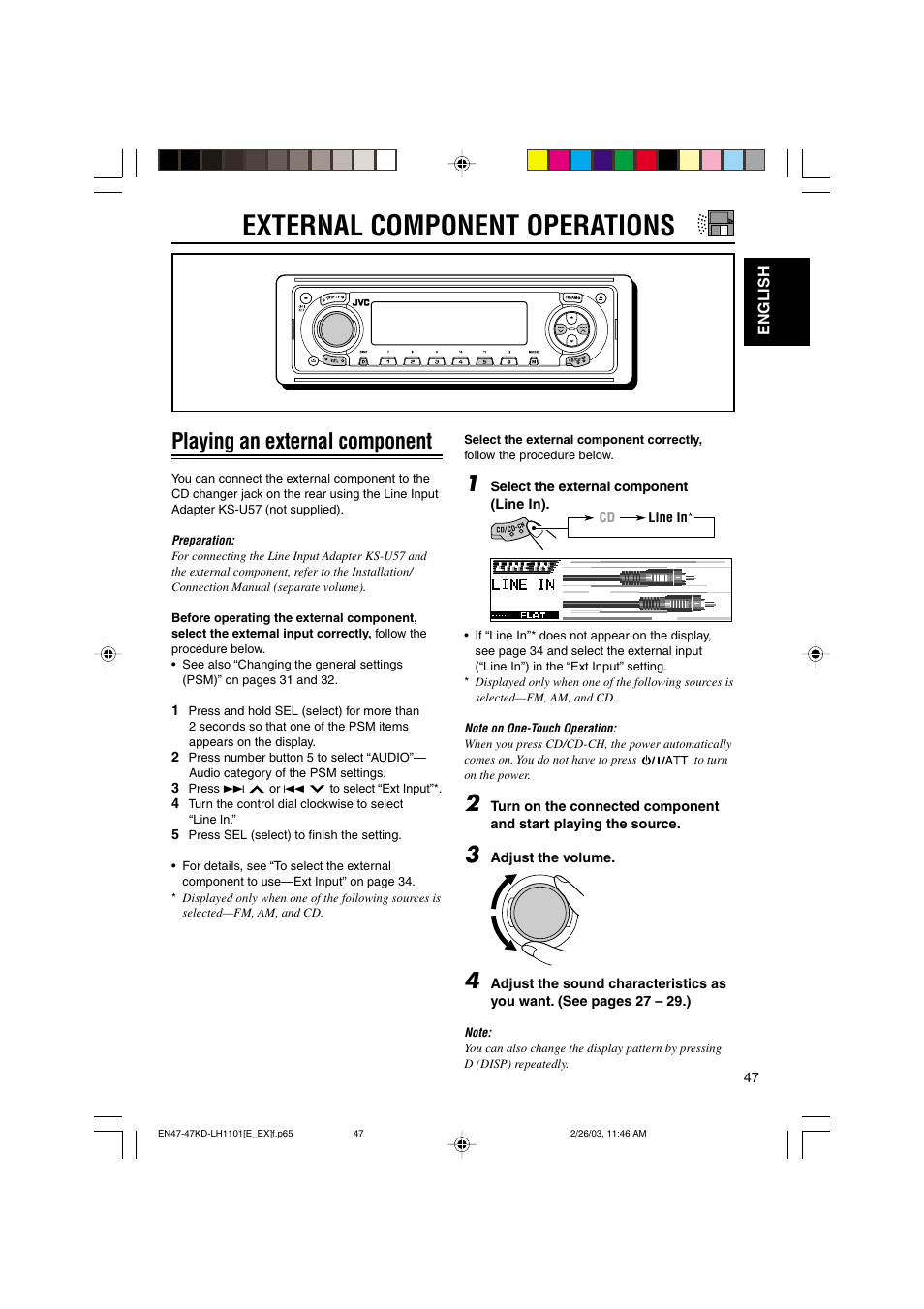 External component operations, Playing an external component | JVC KD-LH1101 User Manual | Page 47 / 62