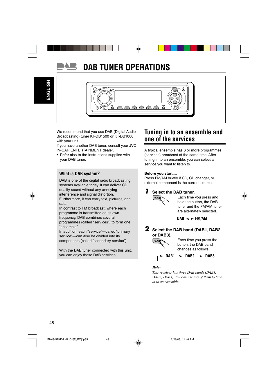 Dab tuner operations, Tuning in to an ensemble and one of the services | JVC KD-LH1101 User Manual | Page 48 / 62