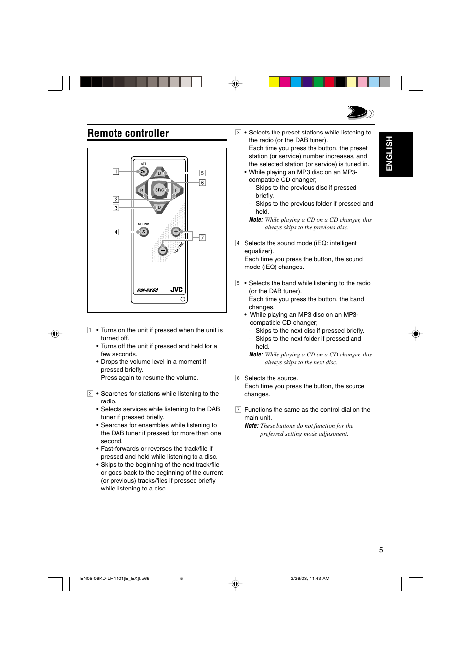 Remote controller, English | JVC KD-LH1101 User Manual | Page 5 / 62