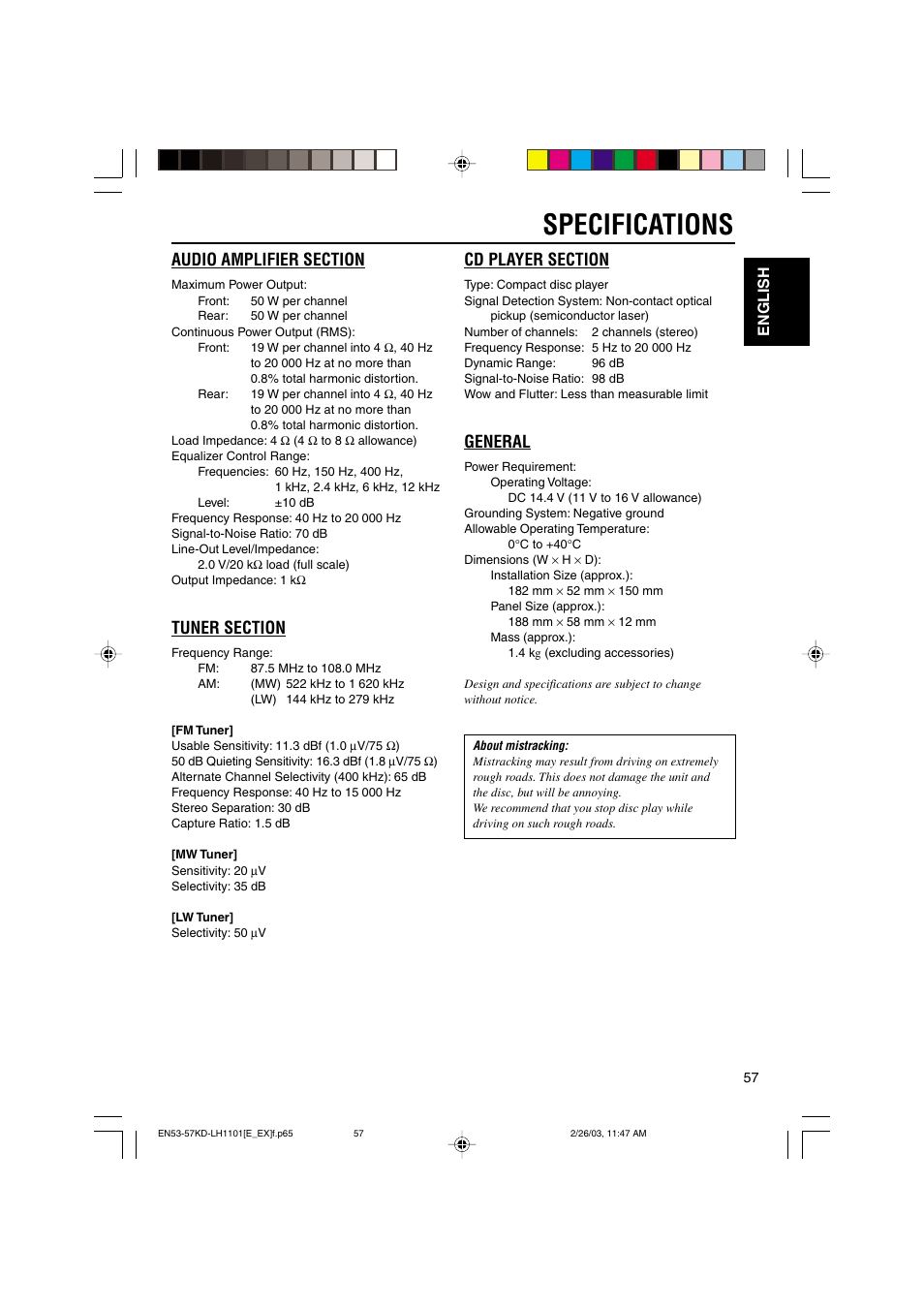 Specifications, General, English | JVC KD-LH1101 User Manual | Page 57 / 62