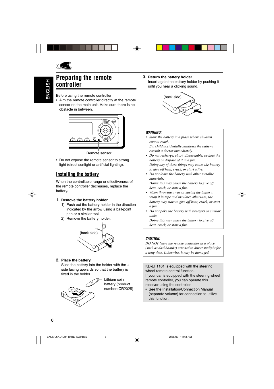 Preparing the remote controller, Installing the battery, English | JVC KD-LH1101 User Manual | Page 6 / 62