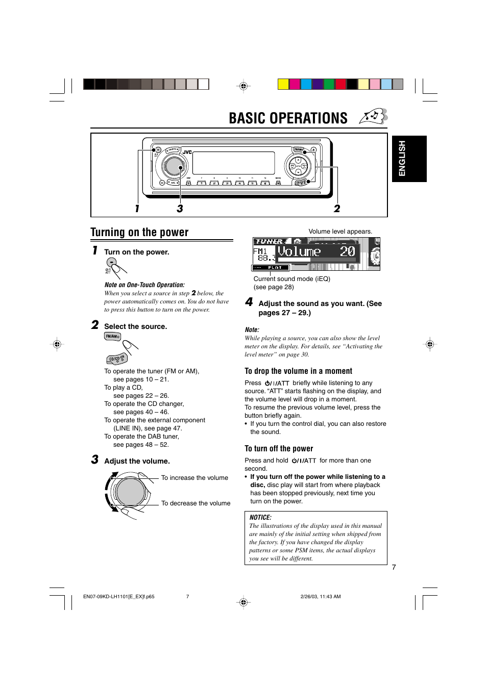 Basic operations, Turning on the power 1 | JVC KD-LH1101 User Manual | Page 7 / 62