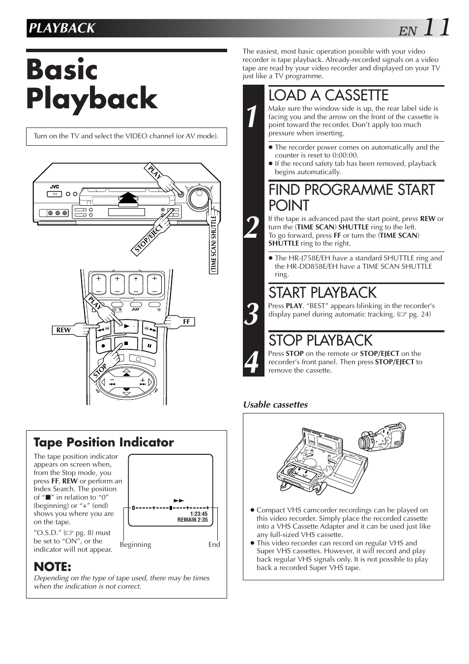 Basic playback, Load a cassette, Find programme start point | Start playback, Stop playback, Playback | JVC HR-DD858E/EH User Manual | Page 11 / 64