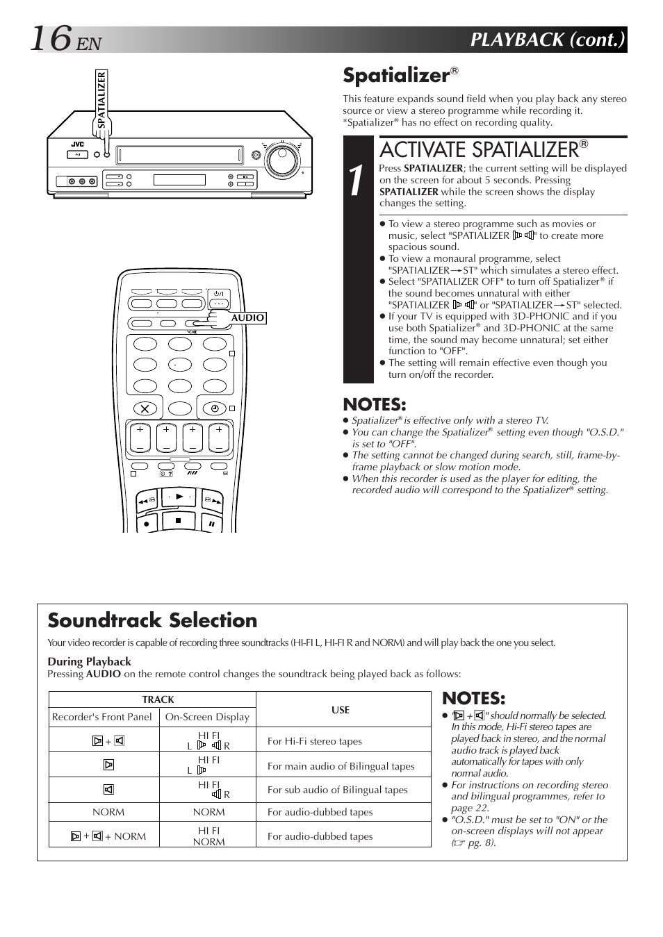 Activate spatializer, Playback (cont.), Spatializer | Soundtrack selection | JVC HR-DD858E/EH User Manual | Page 16 / 64