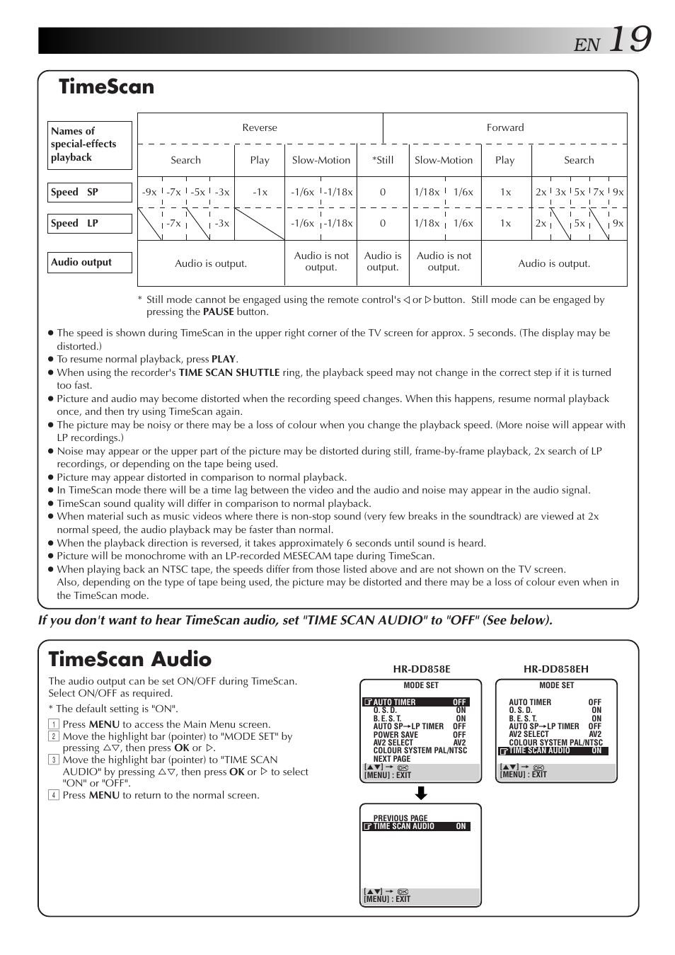 Timescan, Timescan audio | JVC HR-DD858E/EH User Manual | Page 19 / 64