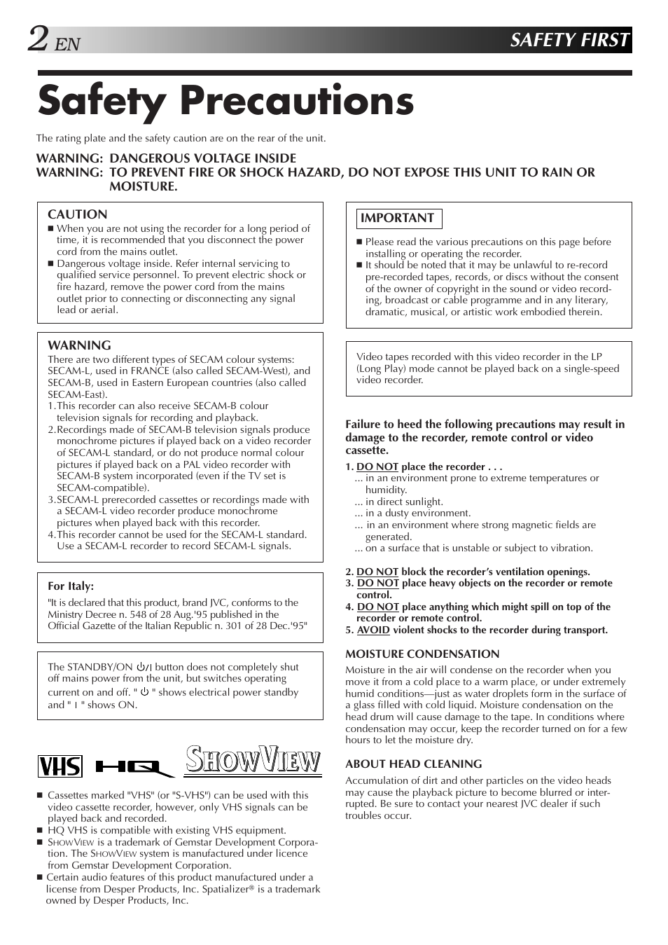 Safety precautions, Safety first | JVC HR-DD858E/EH User Manual | Page 2 / 64