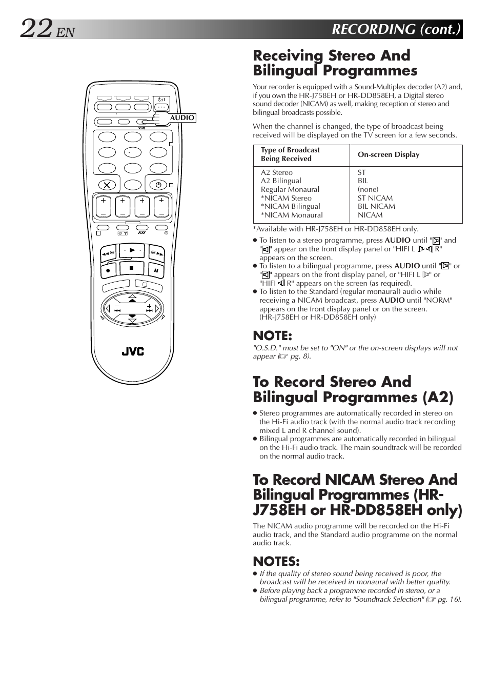 Recording (cont.), Receiving stereo and bilingual programmes | JVC HR-DD858E/EH User Manual | Page 22 / 64
