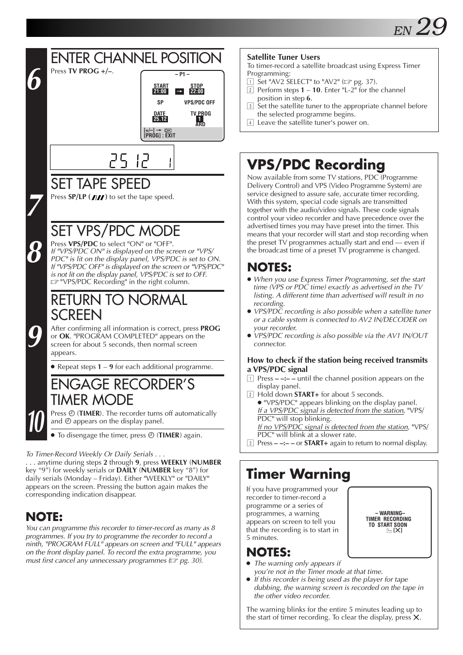Enter channel position, Set tape speed, Set vps/pdc mode | Return to normal screen, Engage recorder’s timer mode, Vps/pdc recording, Timer warning | JVC HR-DD858E/EH User Manual | Page 29 / 64