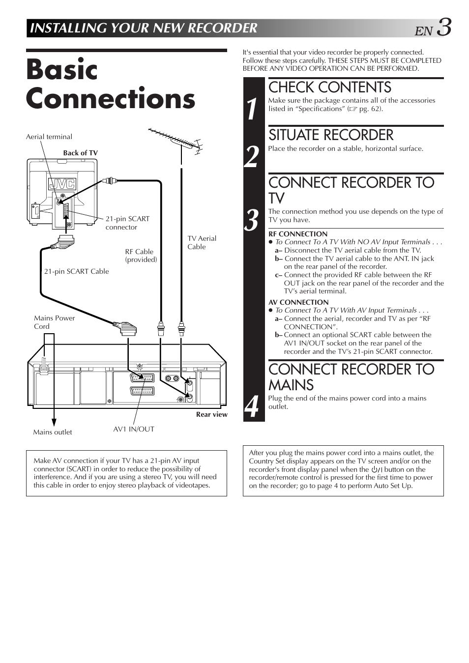 Basic connections, Check contents, Situate recorder | Connect recorder to tv, Connect recorder to mains, Installing your new recorder | JVC HR-DD858E/EH User Manual | Page 3 / 64