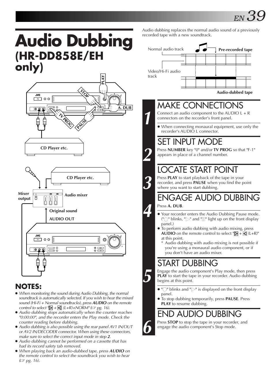 Audio dubbing, Hr-dd858e/eh only), Make connections | Set input mode, Locate start point, Engage audio dubbing, Start dubbing, End audio dubbing | JVC HR-DD858E/EH User Manual | Page 39 / 64