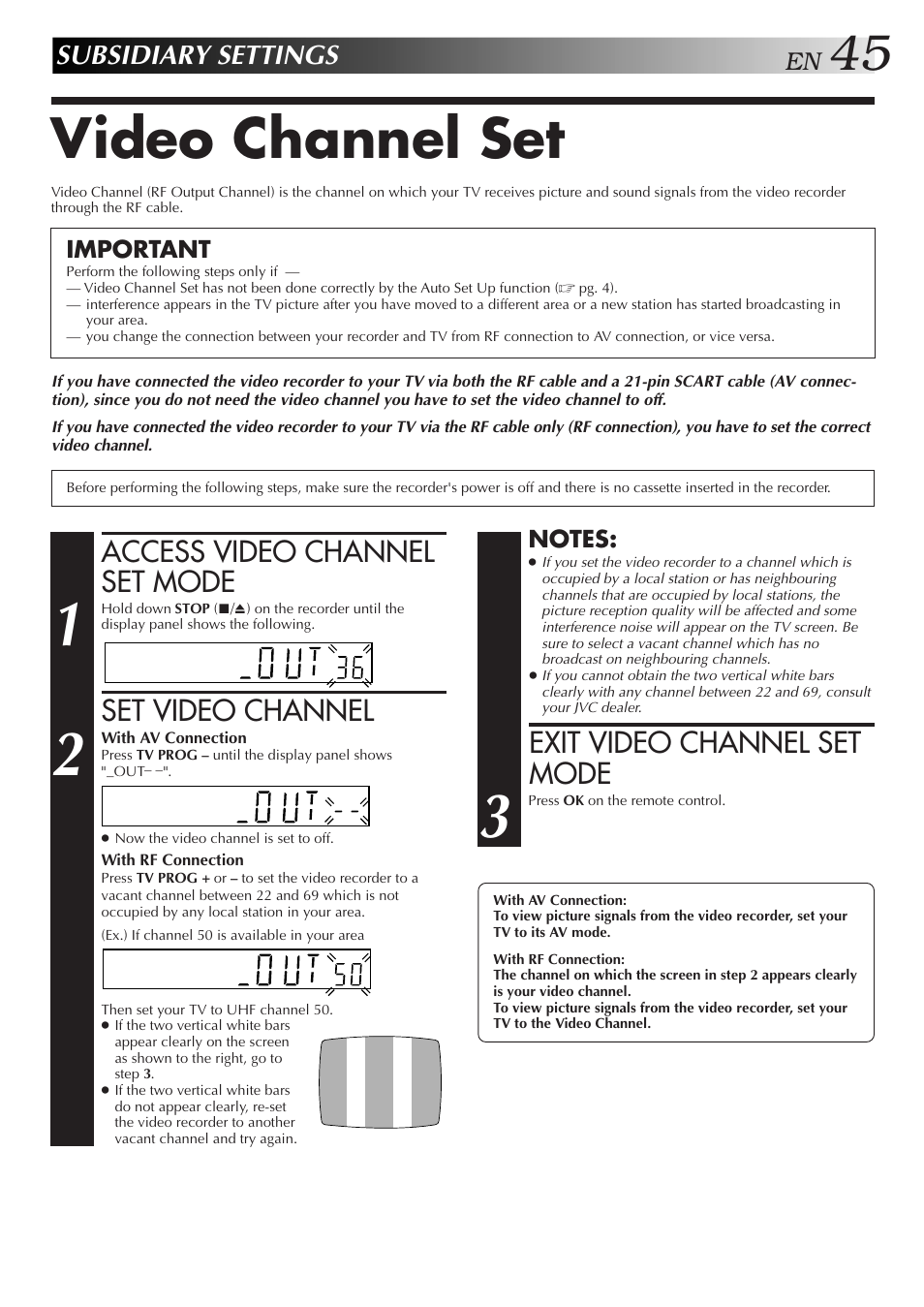 Video channel set, Access video channel set mode, Set video channel | Exit video channel set mode, Subsidiary settings | JVC HR-DD858E/EH User Manual | Page 45 / 64