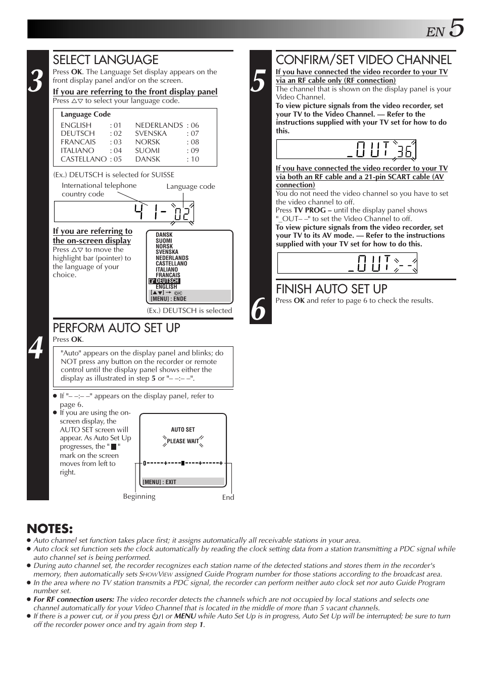 Confirm/set video channel, Finish auto set up, Select language | Perform auto set up | JVC HR-DD858E/EH User Manual | Page 5 / 64