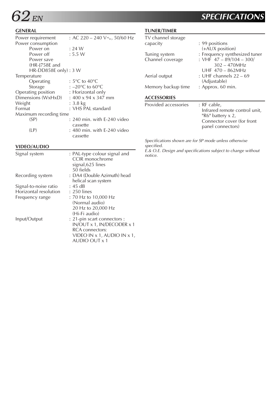 Specifications | JVC HR-DD858E/EH User Manual | Page 62 / 64