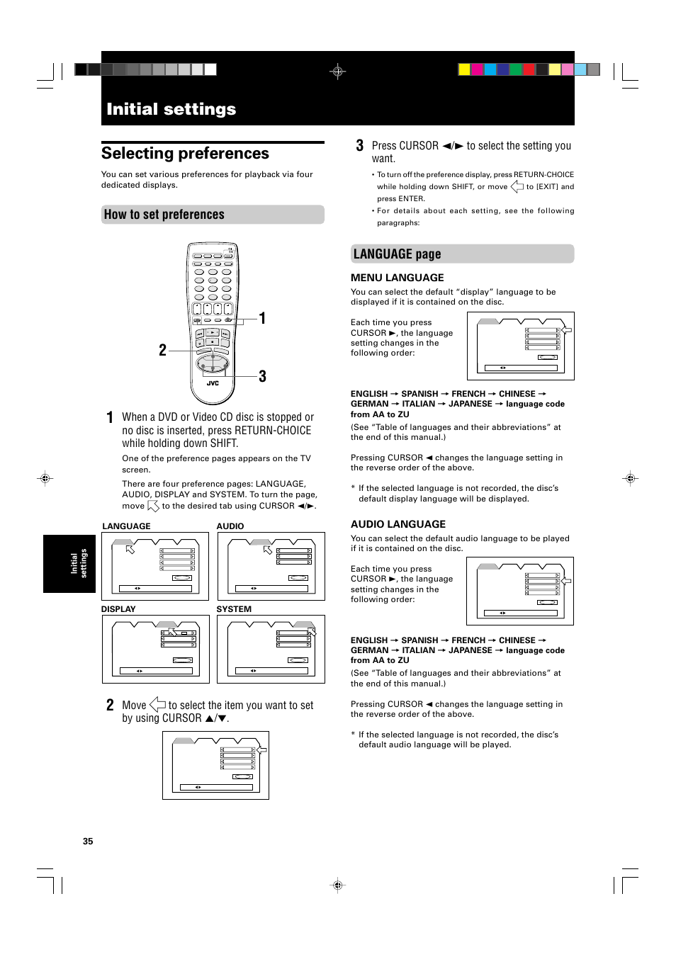 Initial settings, Selecting preferences, Language page | How to set preferences, Press cursor 2/3 to select the setting you want, Menu language, Audio language, Language, Audio display system | JVC XV-522SL User Manual | Page 38 / 52