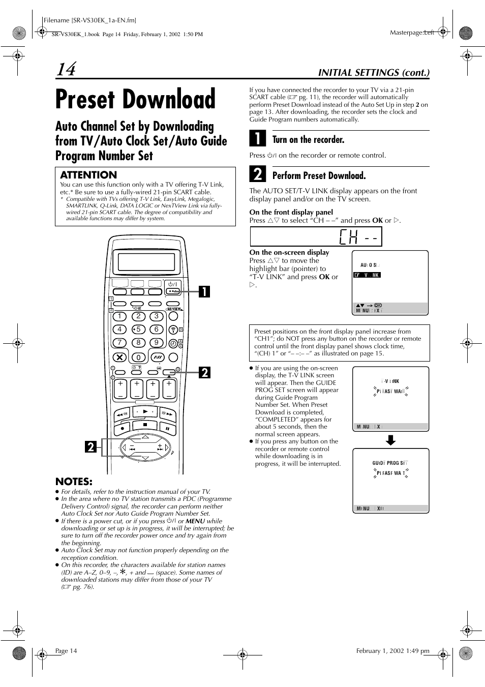 Preset download, Initial settings (cont.), Turn on the recorder | Perform preset download, Attention | JVC SR-VS30EK User Manual | Page 14 / 92