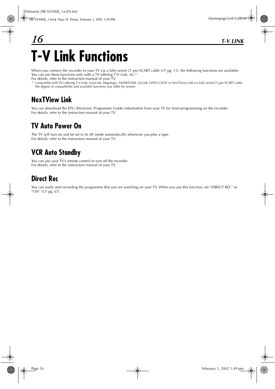 T-v link functions, Nextview link, Tv auto power on | Vcr auto standby, Direct rec | JVC SR-VS30EK User Manual | Page 16 / 92