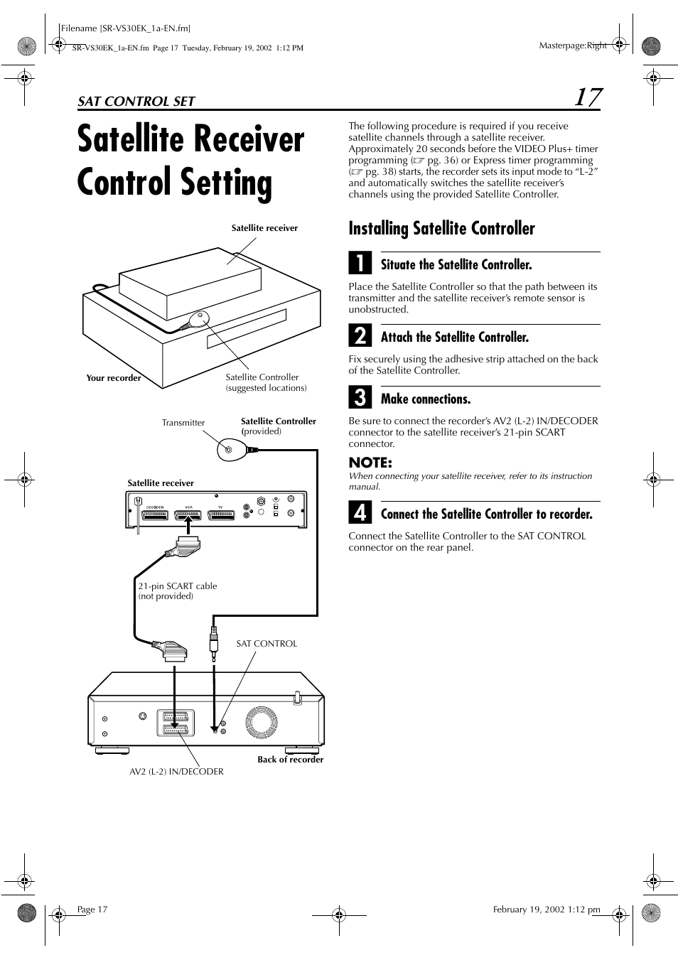 Satellite receiver control setting, Installing satellite controller | JVC SR-VS30EK User Manual | Page 17 / 92