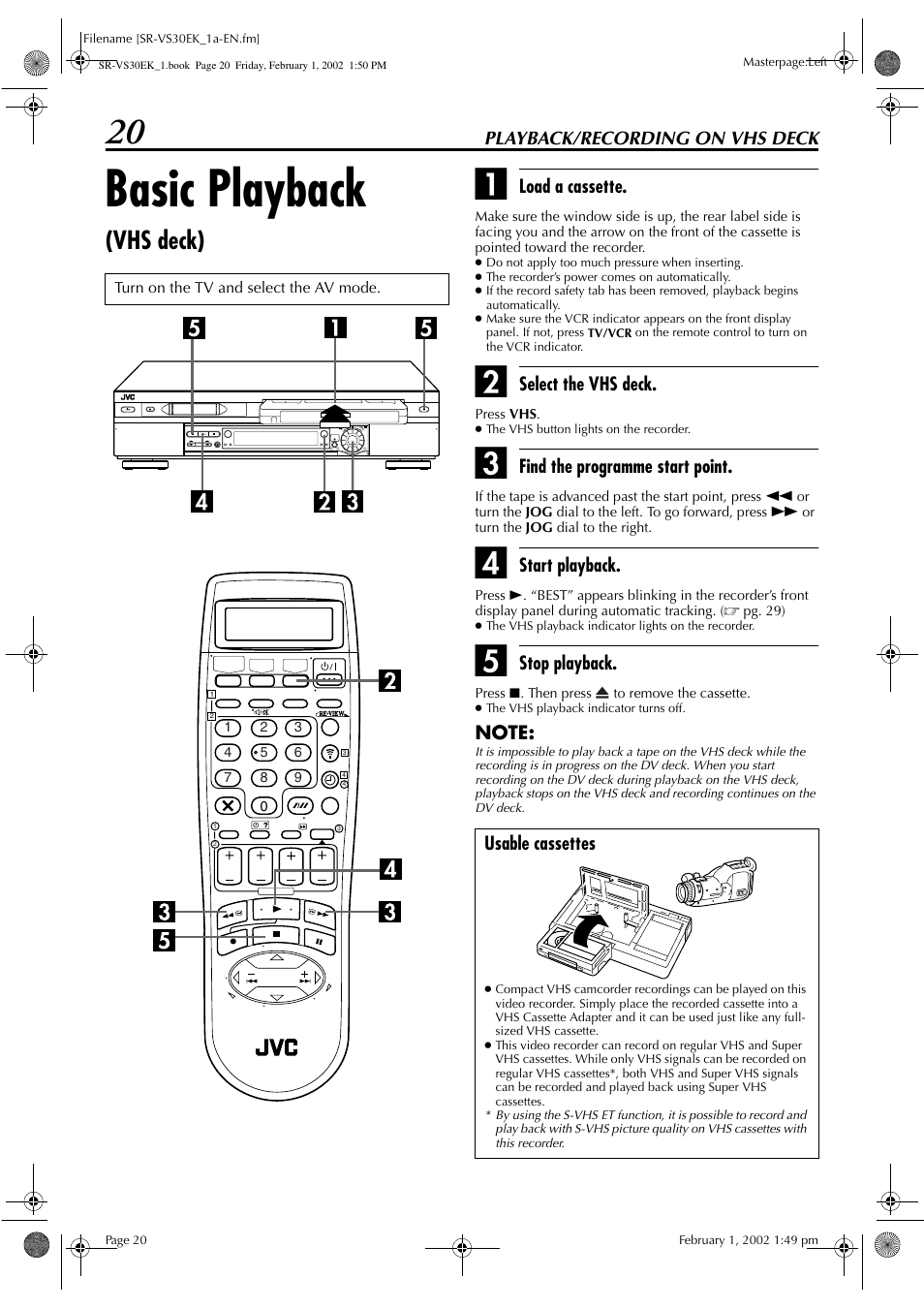 Basic playback, Vhs deck) | JVC SR-VS30EK User Manual | Page 20 / 92