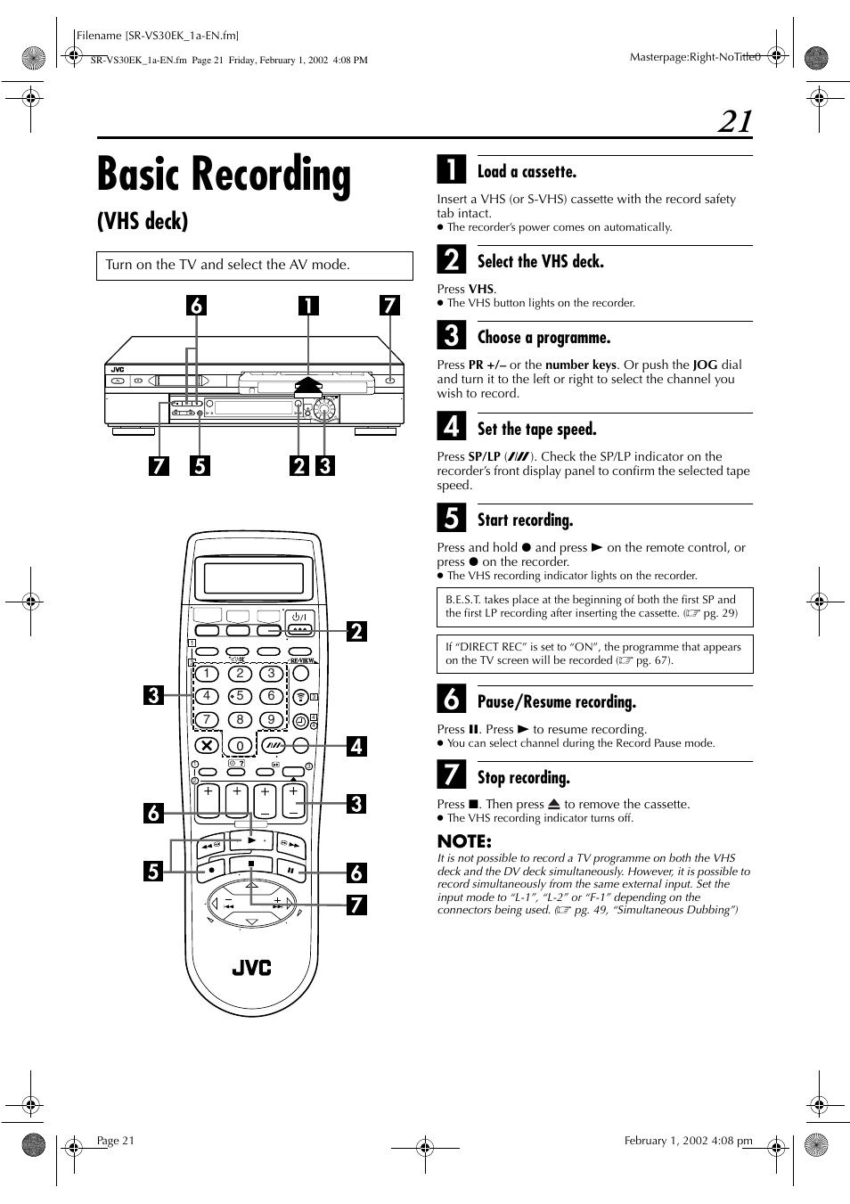 Basic recording, Vhs deck) | JVC SR-VS30EK User Manual | Page 21 / 92