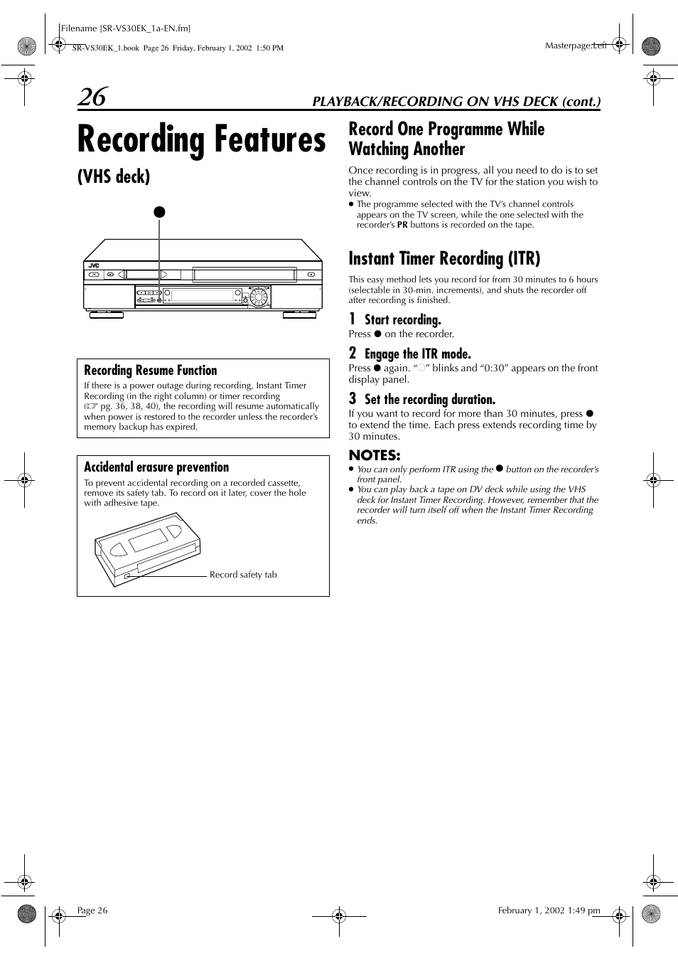 Recording features, Instant timer recording (itr) | JVC SR-VS30EK User Manual | Page 26 / 92