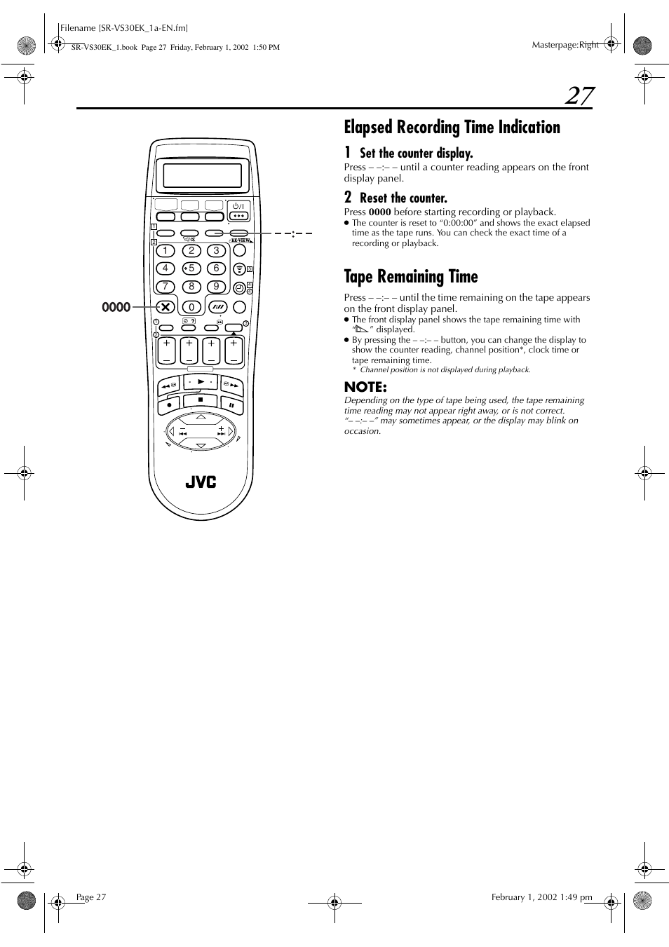 Elapsed recording time indication, Tape remaining time, Set the counter display | Reset the counter | JVC SR-VS30EK User Manual | Page 27 / 92