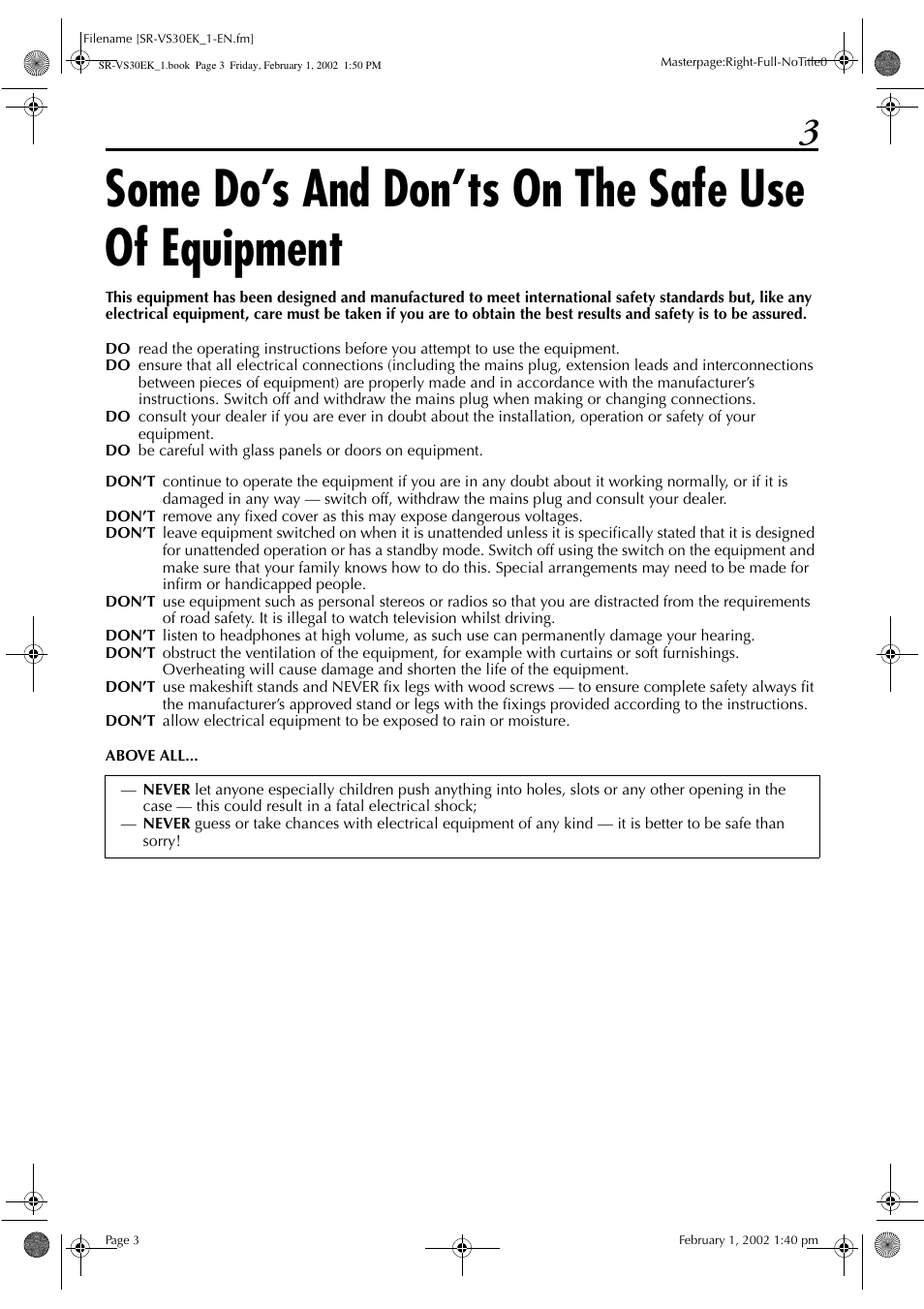 Some do’s and don’ts on the safe use of equipment | JVC SR-VS30EK User Manual | Page 3 / 92