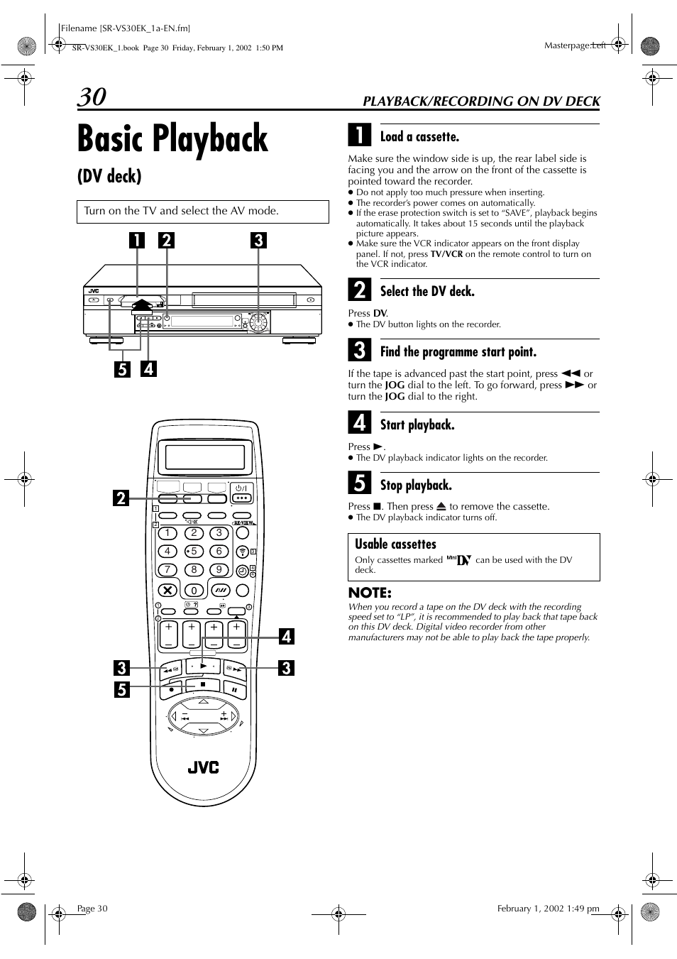 Basic playback, Dv deck) | JVC SR-VS30EK User Manual | Page 30 / 92