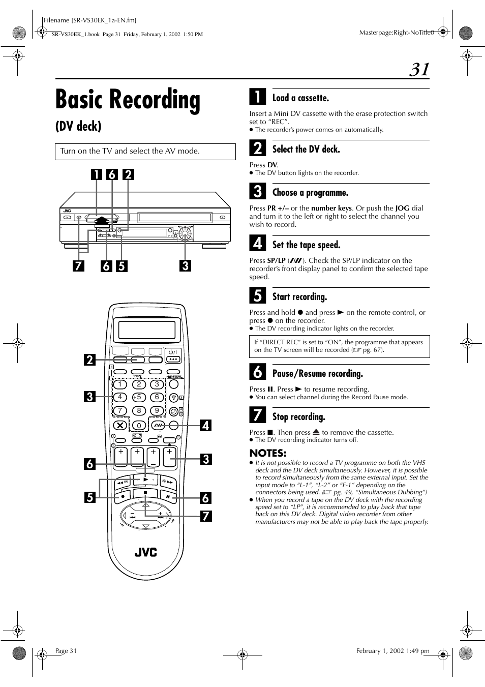 Basic recording, Dv deck) | JVC SR-VS30EK User Manual | Page 31 / 92