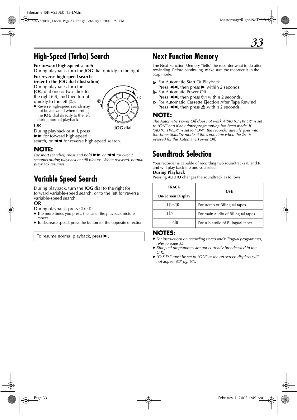 High-speed (turbo) search, Variable speed search, Soundtrack selection | JVC SR-VS30EK User Manual | Page 33 / 92