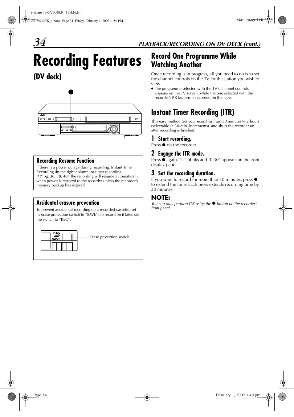 Recording features, Instant timer recording (itr) | JVC SR-VS30EK User Manual | Page 34 / 92