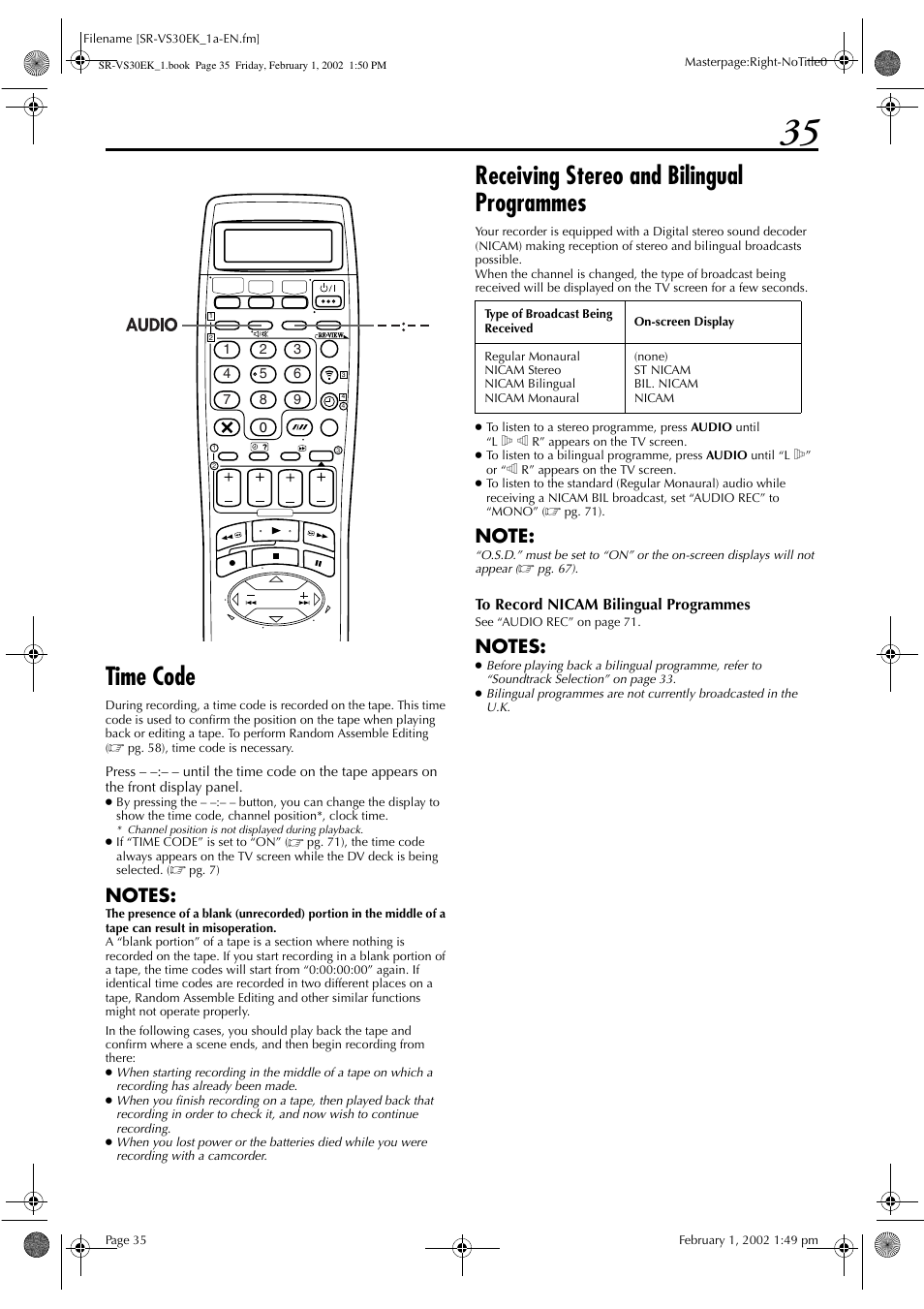 Time code, Receiving stereo and bilingual programmes | JVC SR-VS30EK User Manual | Page 35 / 92