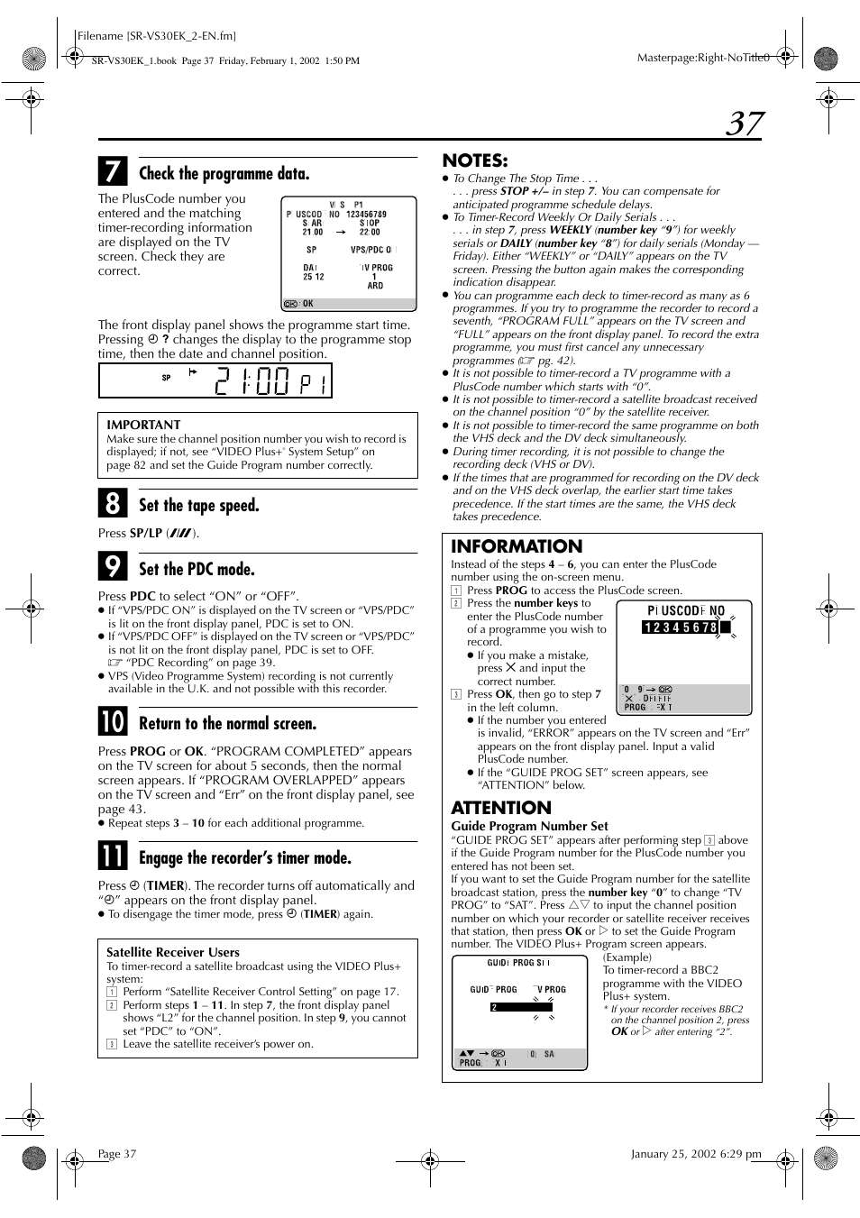 Check the programme data, Set the tape speed, Set the pdc mode | Return to the normal screen, Engage the recorder’s timer mode, Information, Attention | JVC SR-VS30EK User Manual | Page 37 / 92