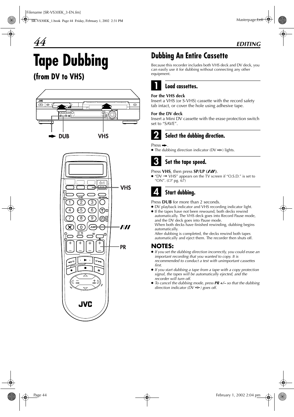 Tape dubbing | JVC SR-VS30EK User Manual | Page 44 / 92