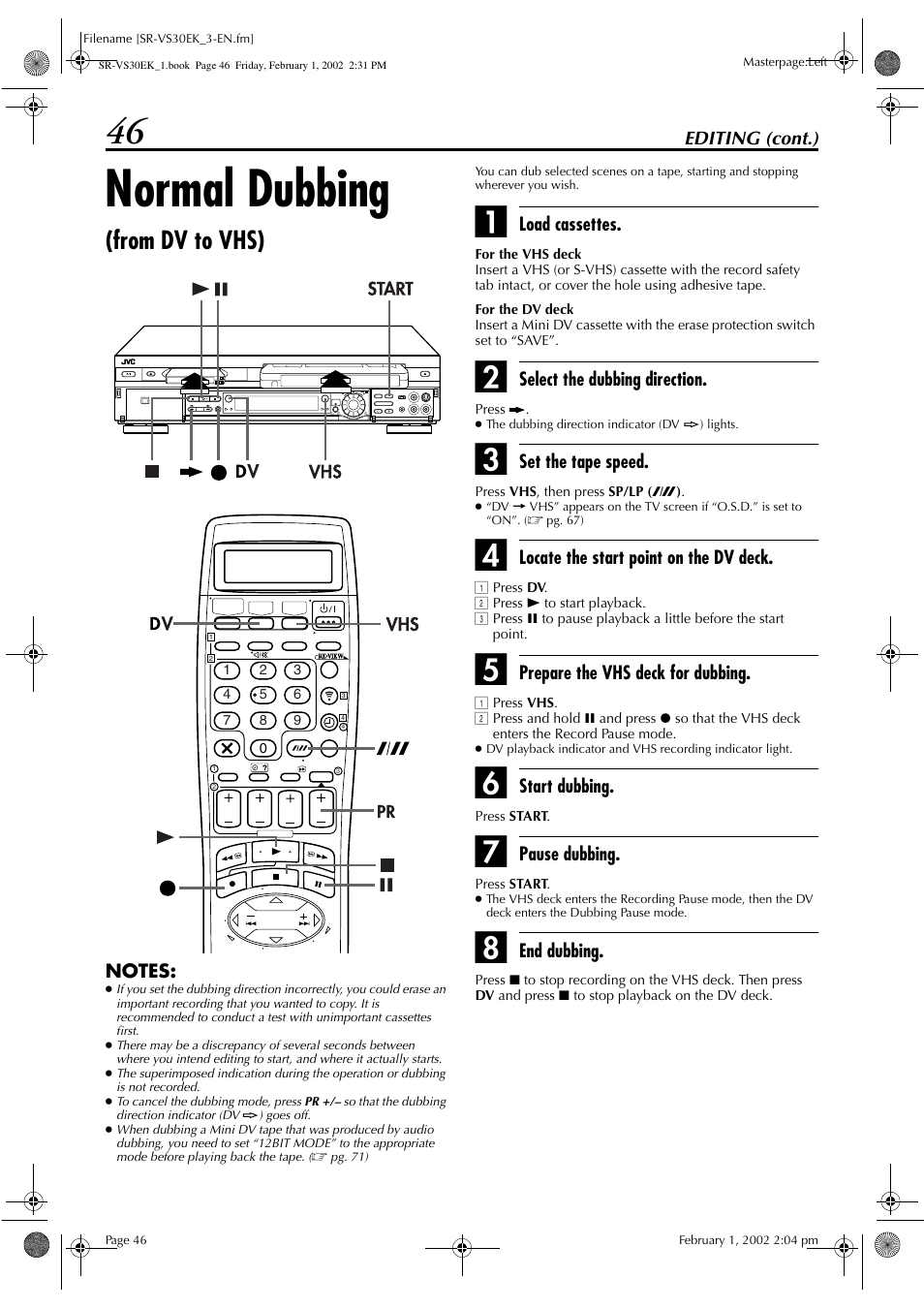 Normal dubbing | JVC SR-VS30EK User Manual | Page 46 / 92