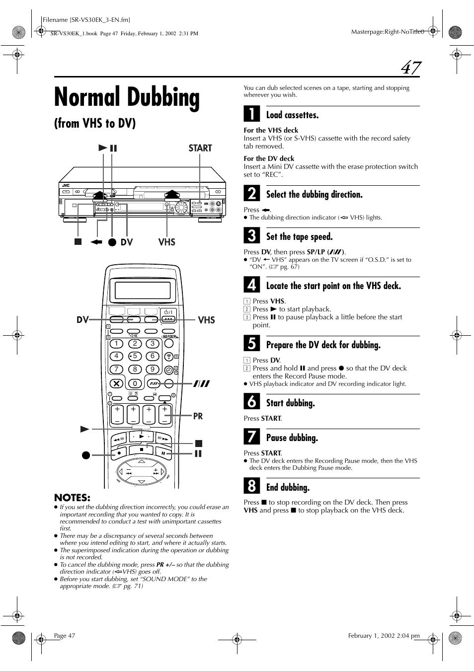 Normal dubbing | JVC SR-VS30EK User Manual | Page 47 / 92